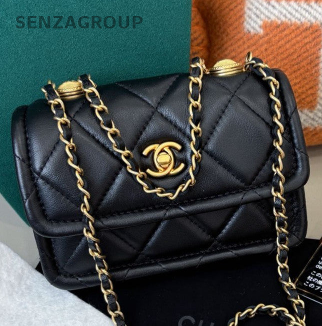 Chanel Diamond Mini Chain Shoulder Bag Crossbody Black Gold Women Classic
