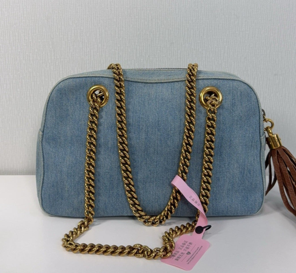 Gucci Soho Tote Denim Chain Handbag Shoulder Bag Blue Gold Women Classic