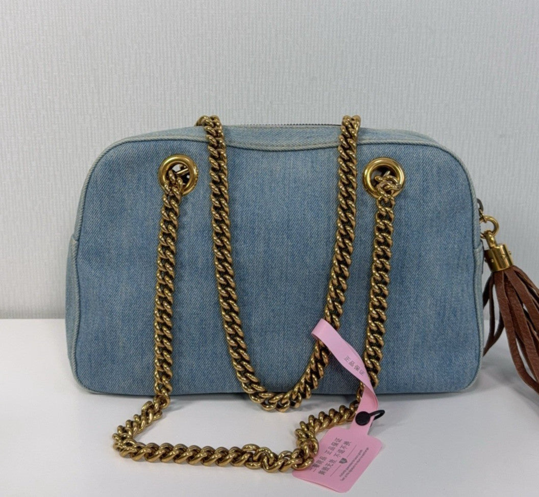 Gucci Soho Tote Denim Chain Handbag Shoulder Bag Blue Gold Women Classic