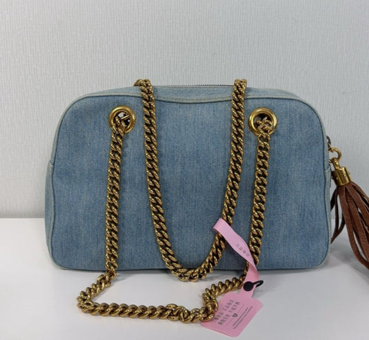 Gucci Soho Tote Denim Chain Handbag Shoulder Bag Blue Gold Women Classic