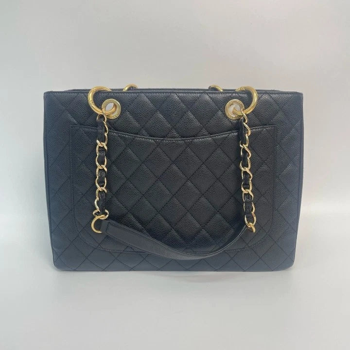 CHANEL GST Medium Black Gold Leather Tote Bag For Women