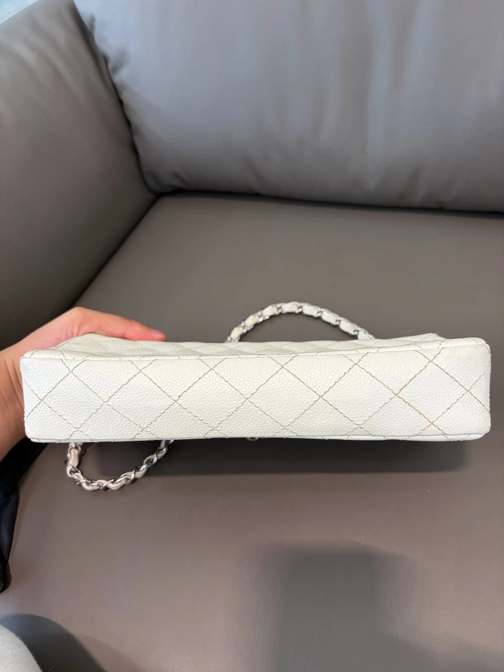 Authentic Chanel Classic Flap Silver Chain White Shoulder Bag Diamond Turnlock