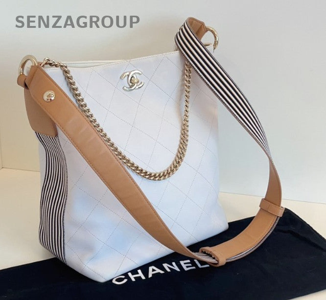 CHANEL Calfskin Bucket Diamond pattern Cream White 2way Chain Shoulder bag Women