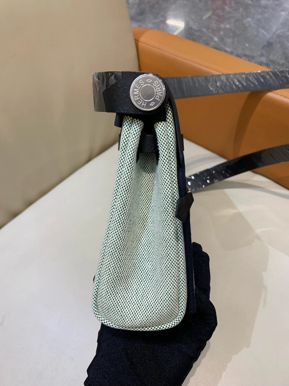 Hermes Mini Herbag Black Green Canvas Shoulder Bag For Women