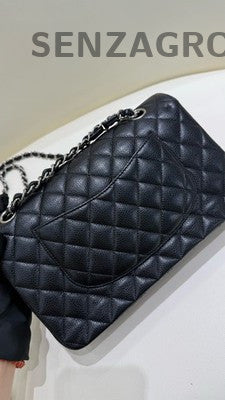 Chanel CF Black Silver Medium Chain Shoulder Bag Quilted Pattern Women Fashion
