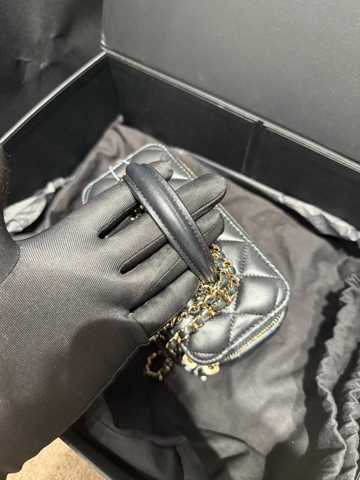 CHANEL 24 Chip Black Gold Lambskin Top Handle Box Bag For Women