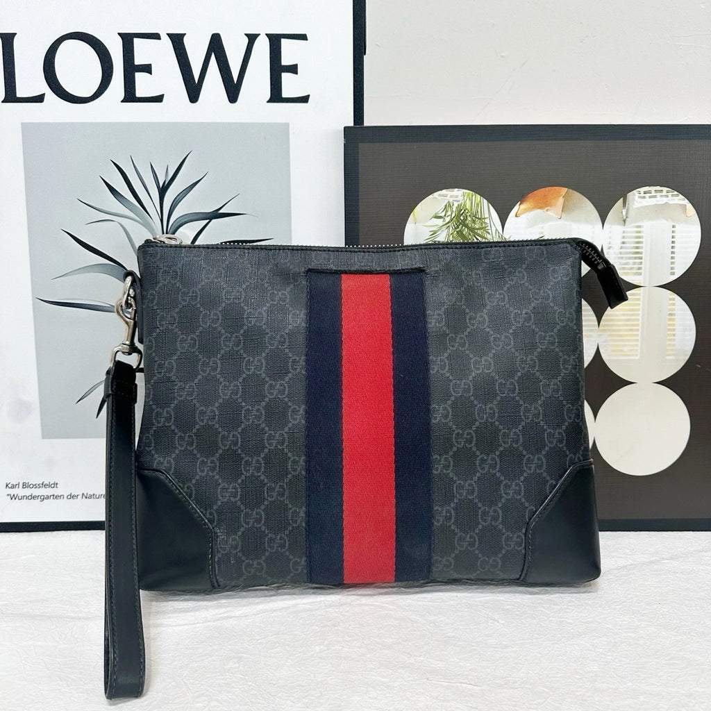 Gucci Black Monogram Stripe Canvas Leather Clutch Bag For Women