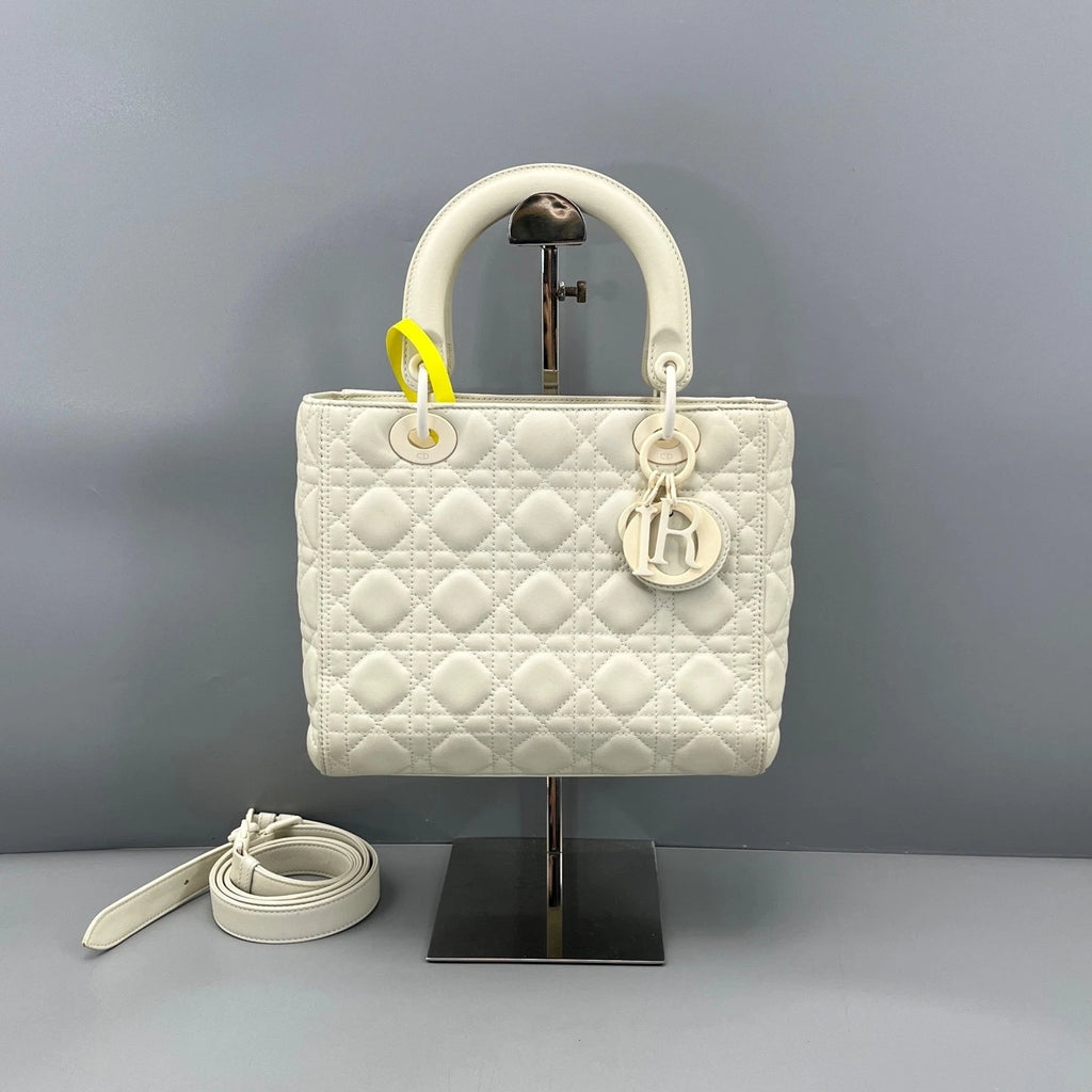 Dior White 5-Grid Lady Dior Top Handle Bag For Women