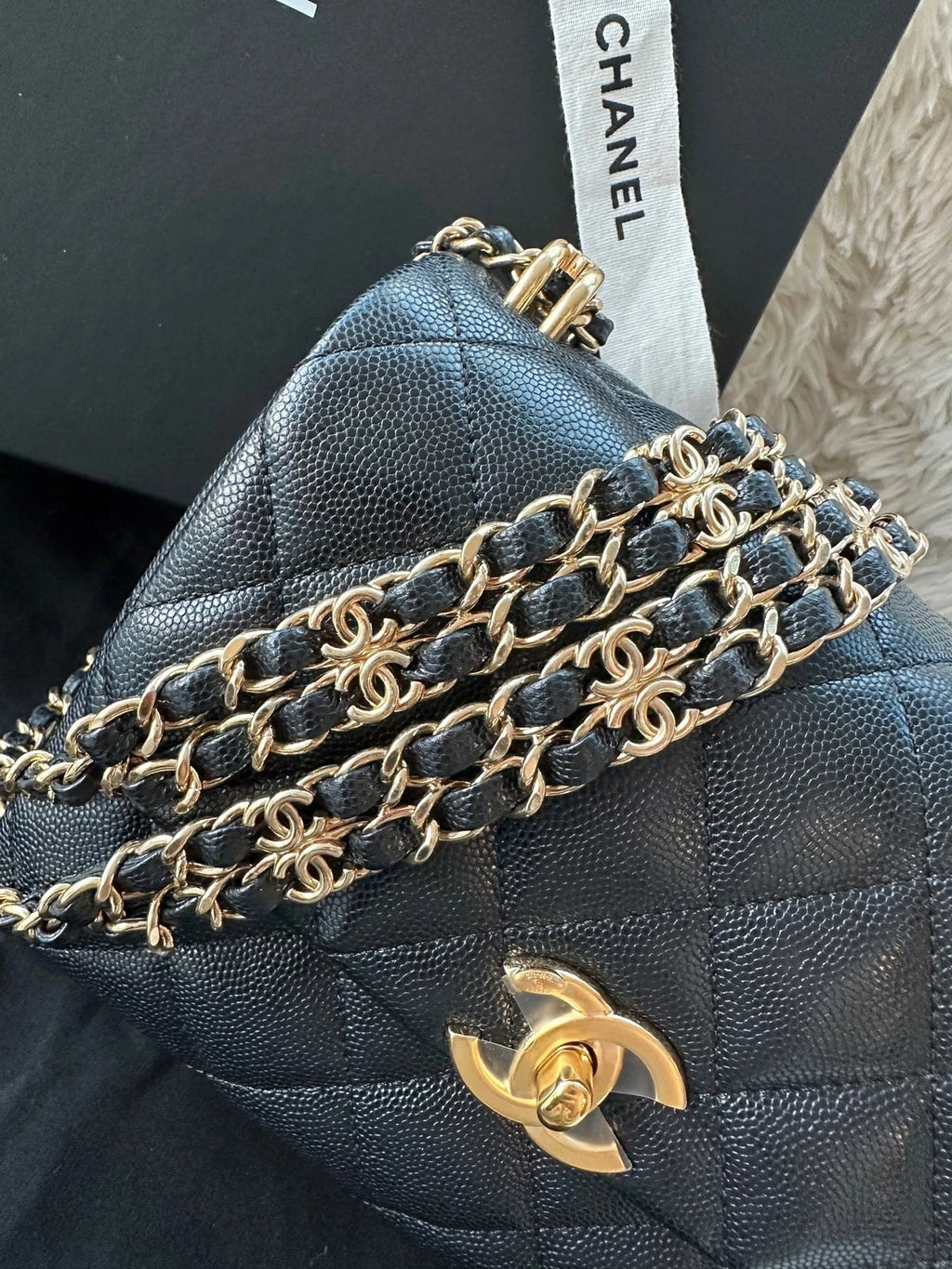CHANEL Black Caviar Leather Square Shoulder Handbag For Women