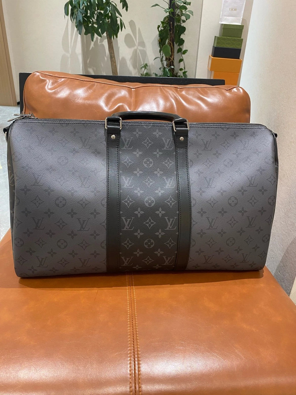 Louis Vuitton Keep all Monogram Canvas Black Silver Top Handle Shoulder Bag