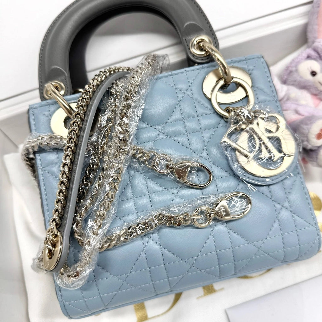 Dior Lady Dior Blue Gray Handbag Excellent
