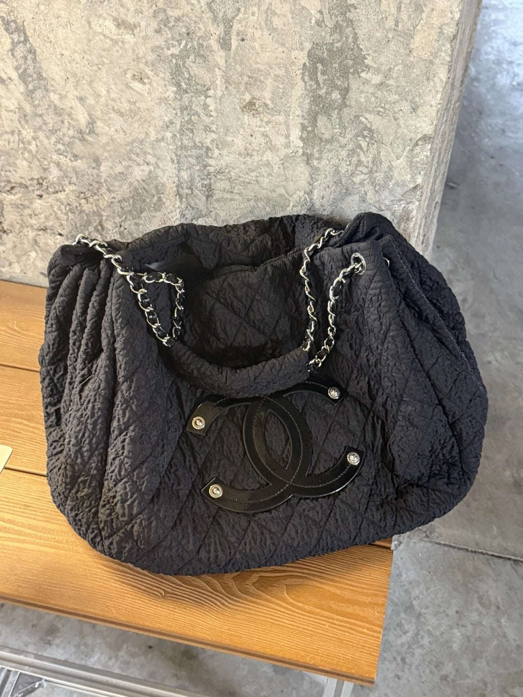 Chanel XXL Ruched Tote Bag Large Shoulder Bag Daily Carry Black Silver
