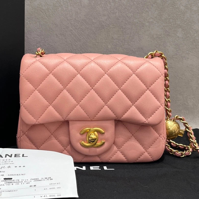 Excellent Chanel Classic Flap Lambskin Gold Chain Pink Shoulder Bag Crossbody
