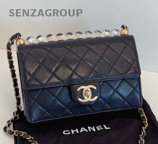 Chanel Classic Flap Pearl Chain Shoulder Bag Crossbody Black Gold Women Fashion