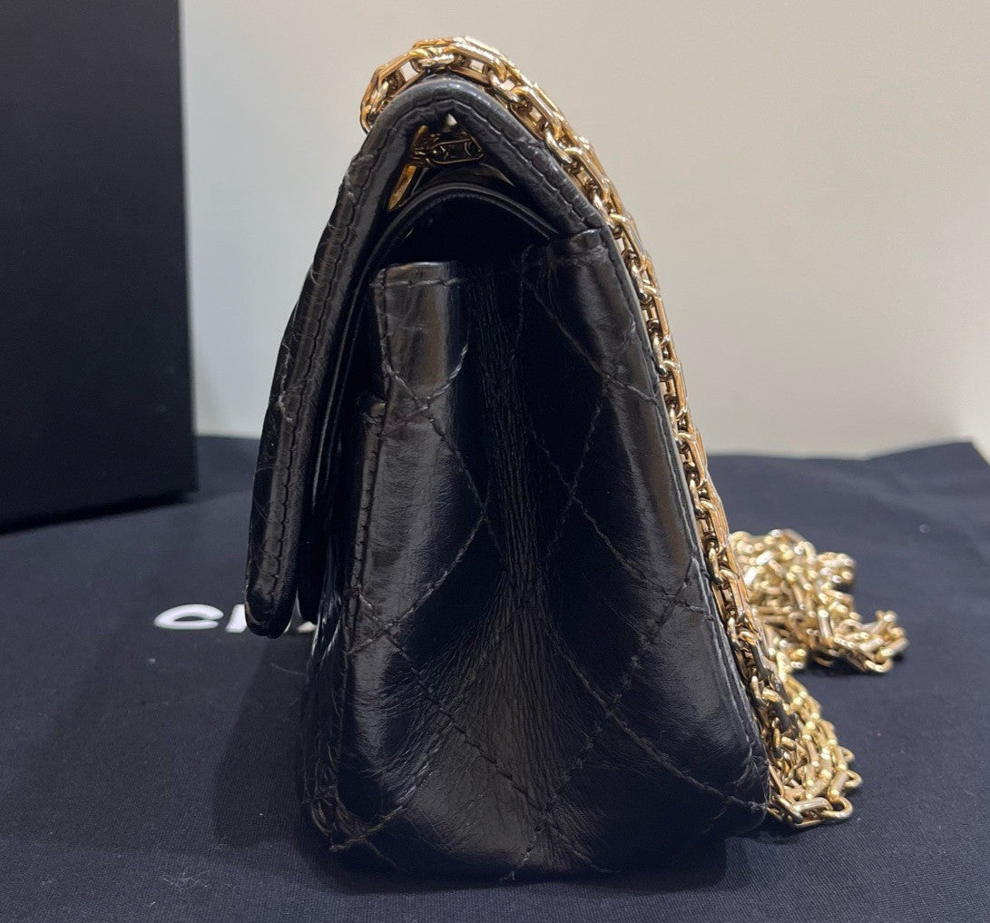 Chanel Calfskin 2.55 Mini Chain Shoulder Bag Black Gold Women Classic Diamond