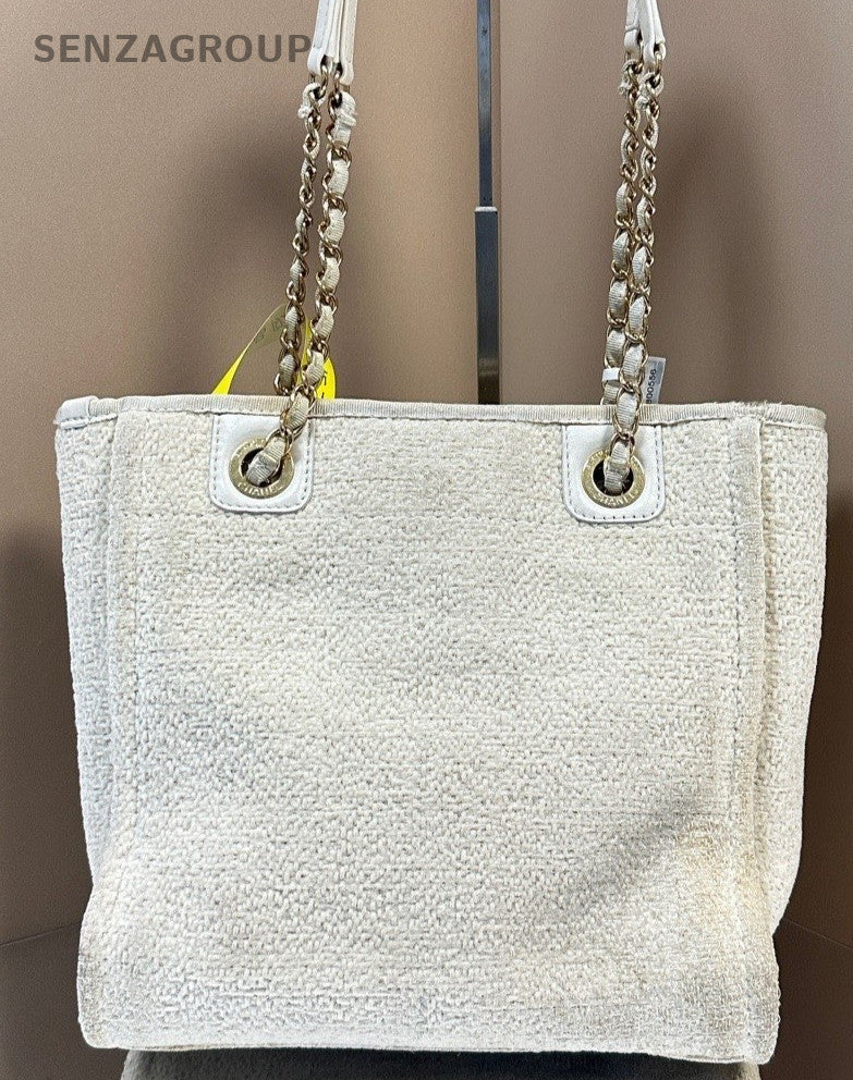 Chanel Classic Knitting Canvas PM Chain Shoulder Bag White Gold Women