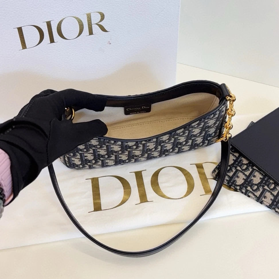 Christian Dior Hobo Avenue Canvas Shoulder Bag Blue Gold Used Women Classic