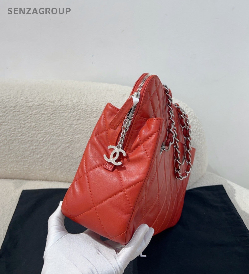 CHANEL Diamond Pattern Chain Shoulder bag Red Silver Women