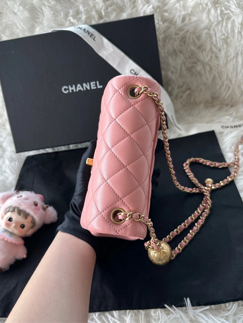 CHANEL Mini Pink Lambskin Gold Ball Crossbody Shoulder Bag Women