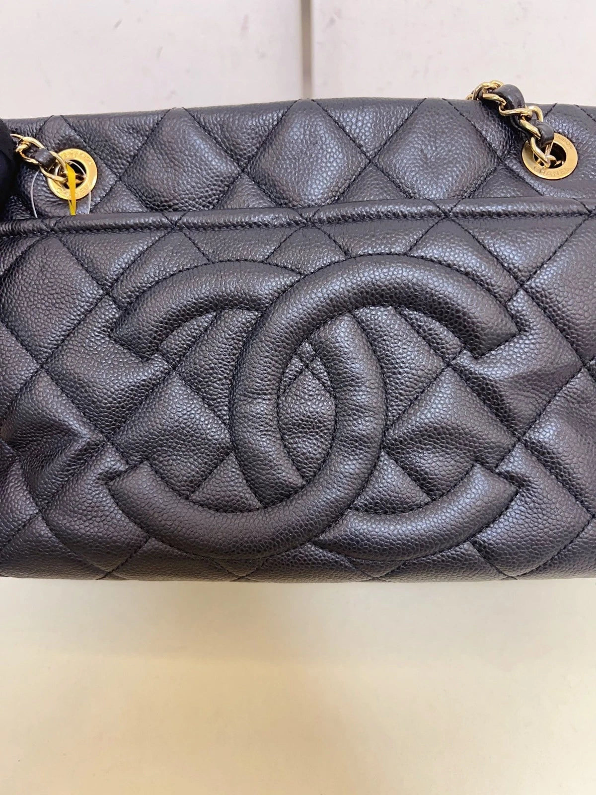 Chanel Diamond Chain Tote Shoulder Bag Black Gold Women CC Logo Classic