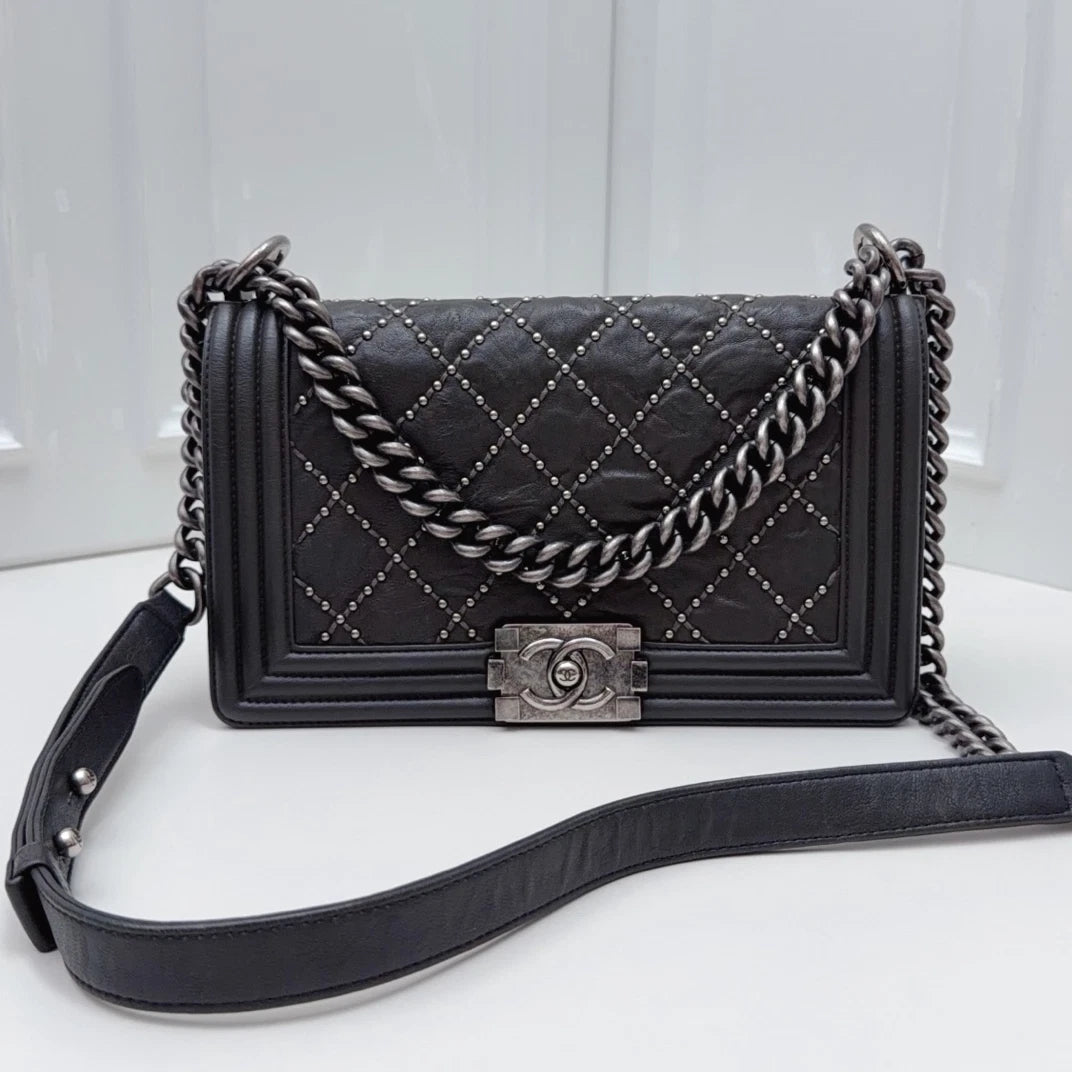 Chanel Leboy Chain Shoulder Bag Crossbody Black Silver Diamond Women Classic