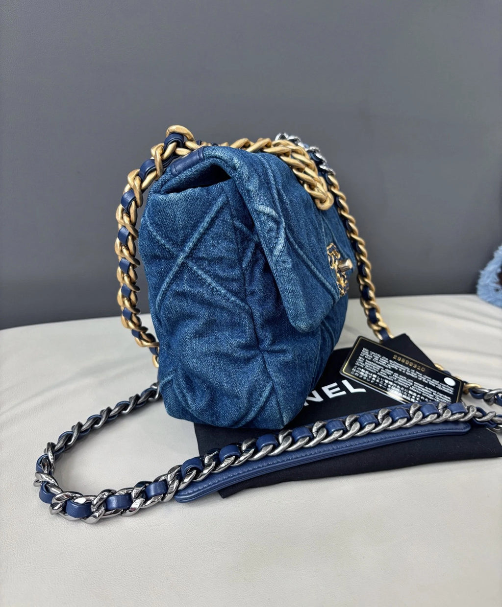 Chanel 19 Small Denim Flap Crossbody Bag Everyday Shoulder Bag Deep Blue Gold