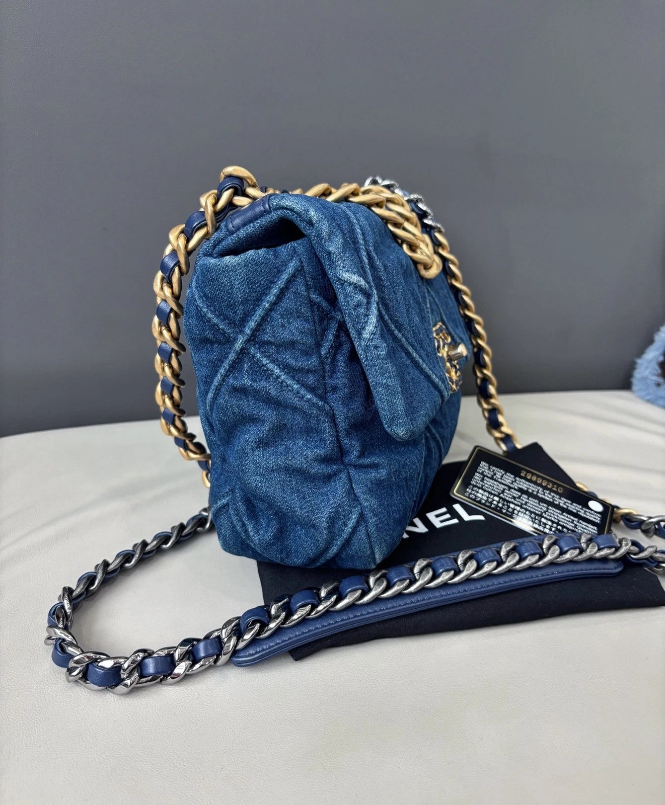 Chanel 19 Small Denim Flap Crossbody Bag Everyday Shoulder Bag Deep Blue Gold