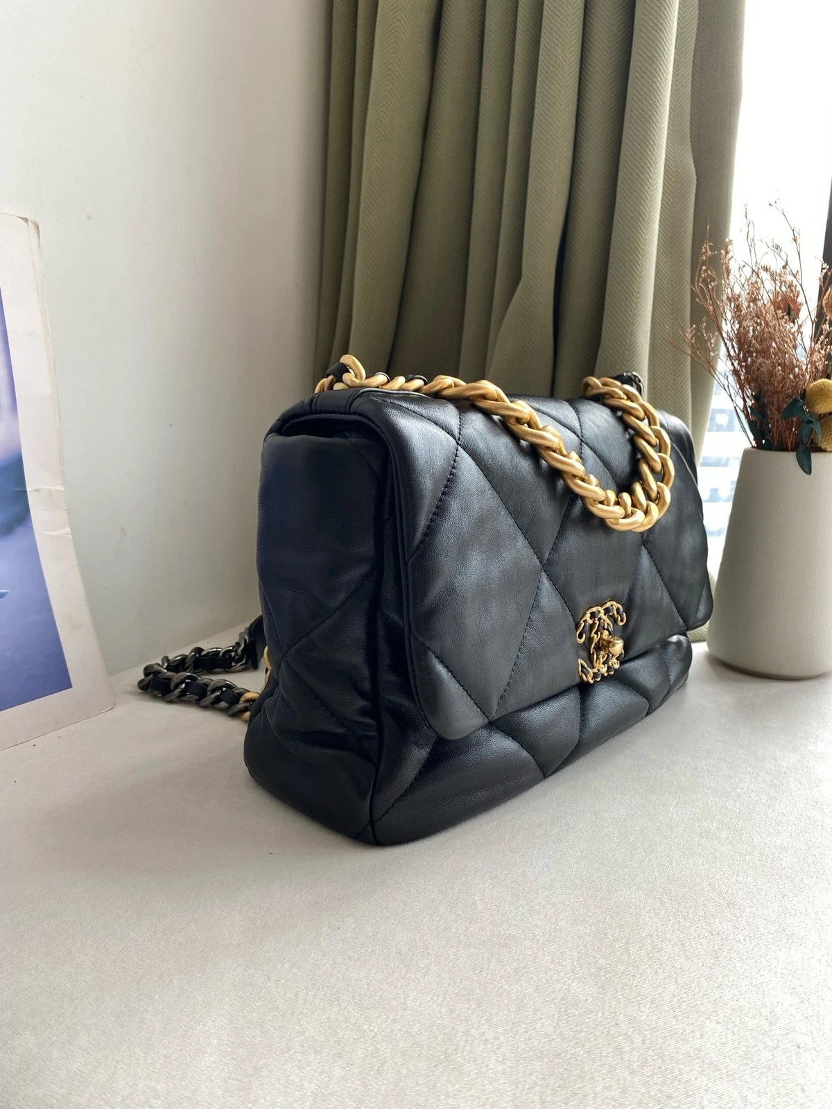 Chanel 19Bag Medium Black Gold Shoulder Crossbody Handbag For Women