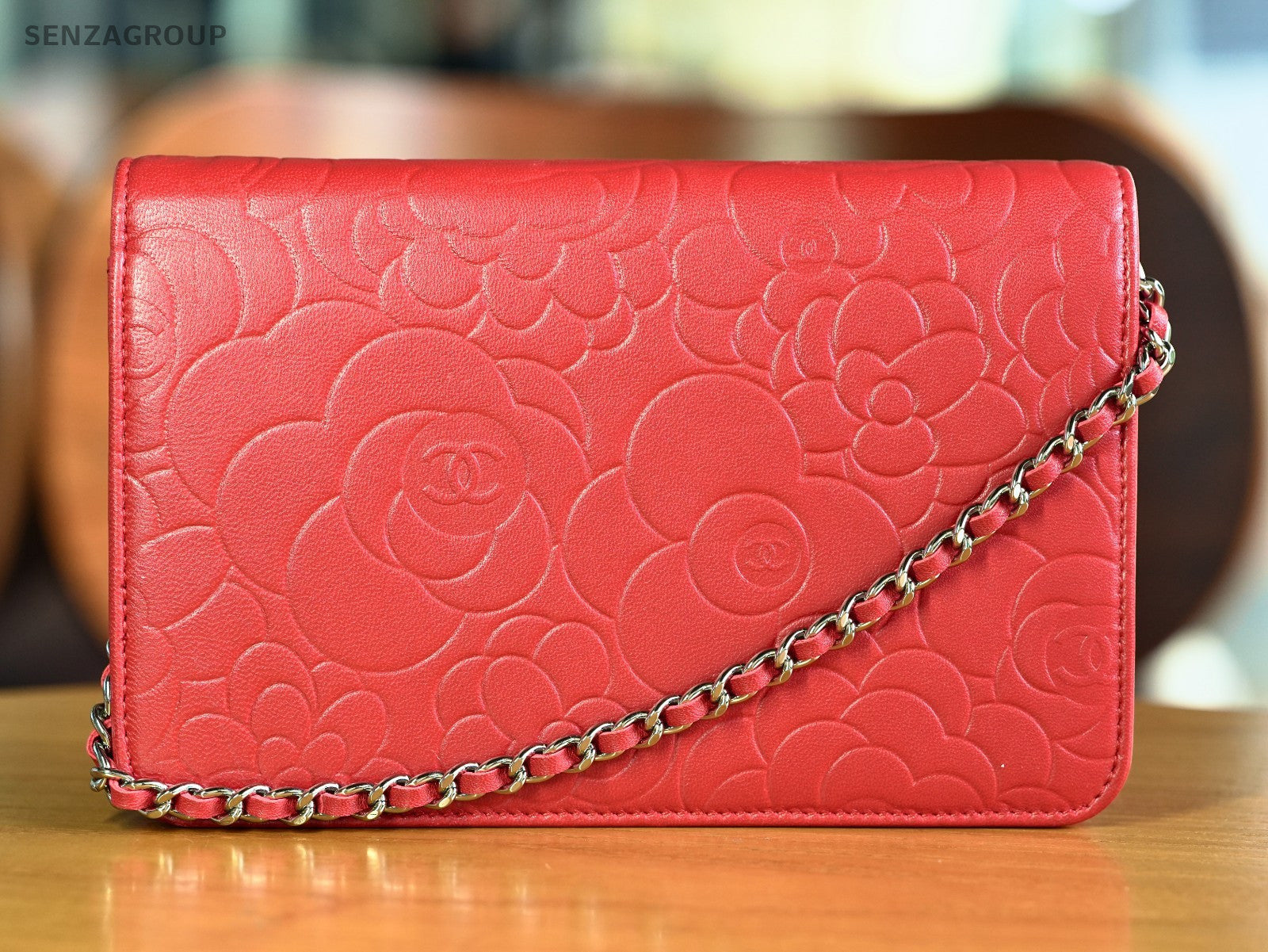 CHANEL Camellia Red wallet WOC Shoulder bag Crossbody Lambskin