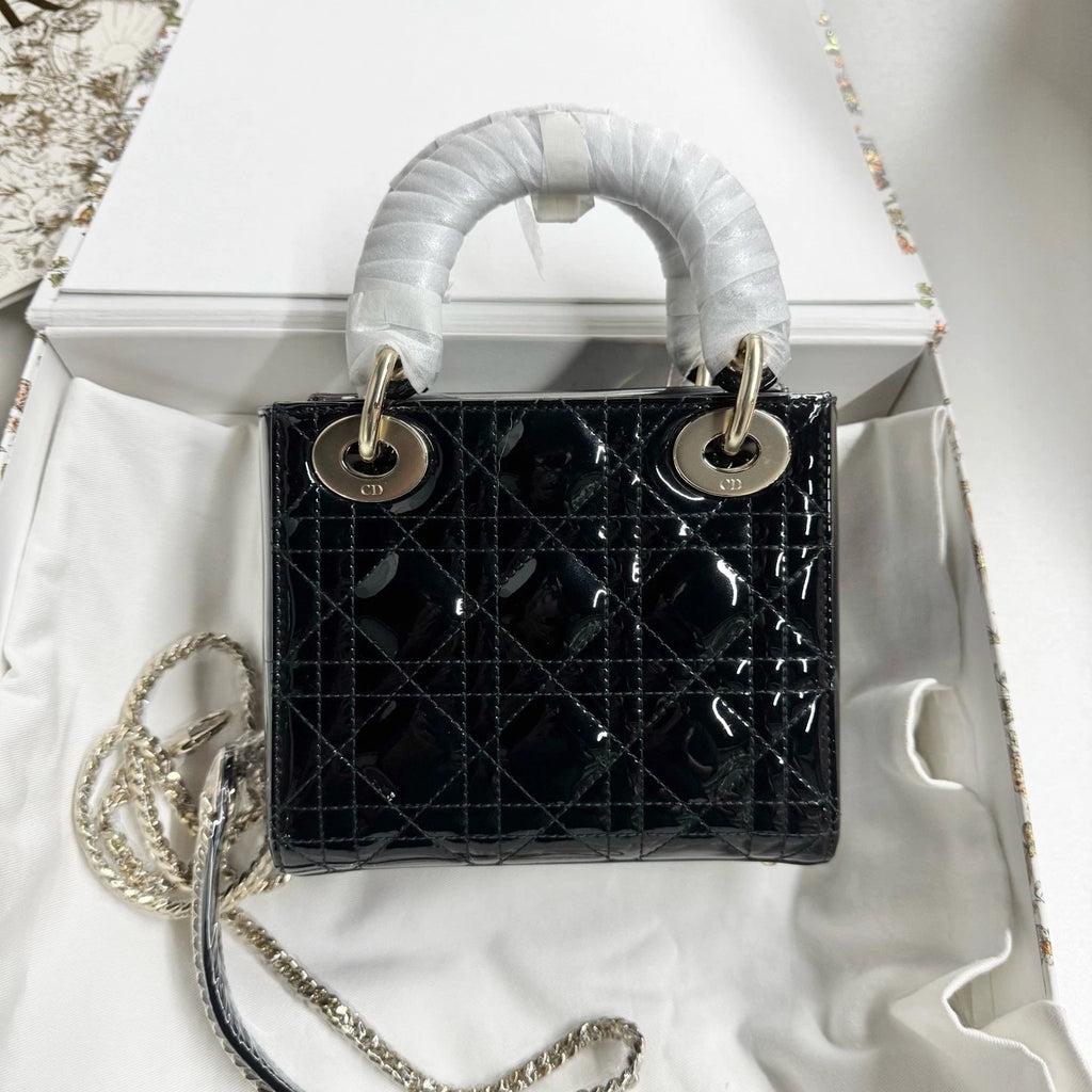 New Dior 3-grid Lady Dior Patent Leather Black Gold Handbag For Women
