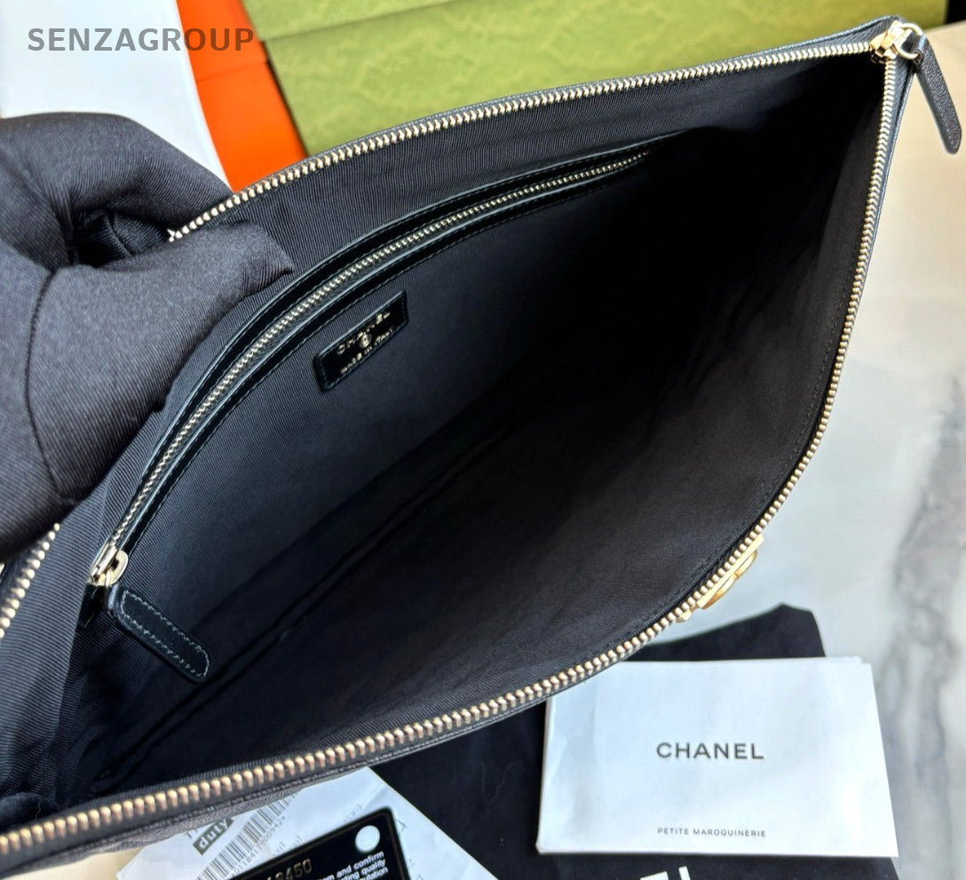 CHANEL Leboy Calfskin Clutch Handbag Black Gold Almost Brand NEW