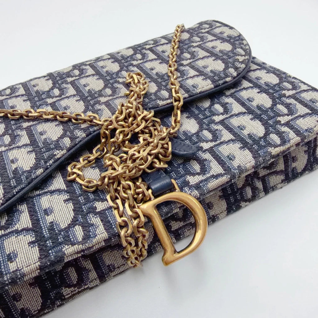Christian Dior Oblique Canvas WOC Gold Chain Navy Shoulder Bag Crossbody