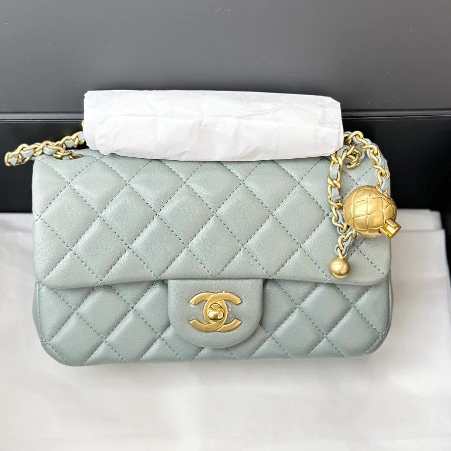 NEW Chanel Green Lambskin Chain Crossbody Bag Gold Ball Hardware