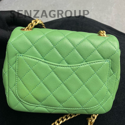 Chanel Classic Flap Square Mini Bag Green Aged Gold Chain Shoulder Crossbody