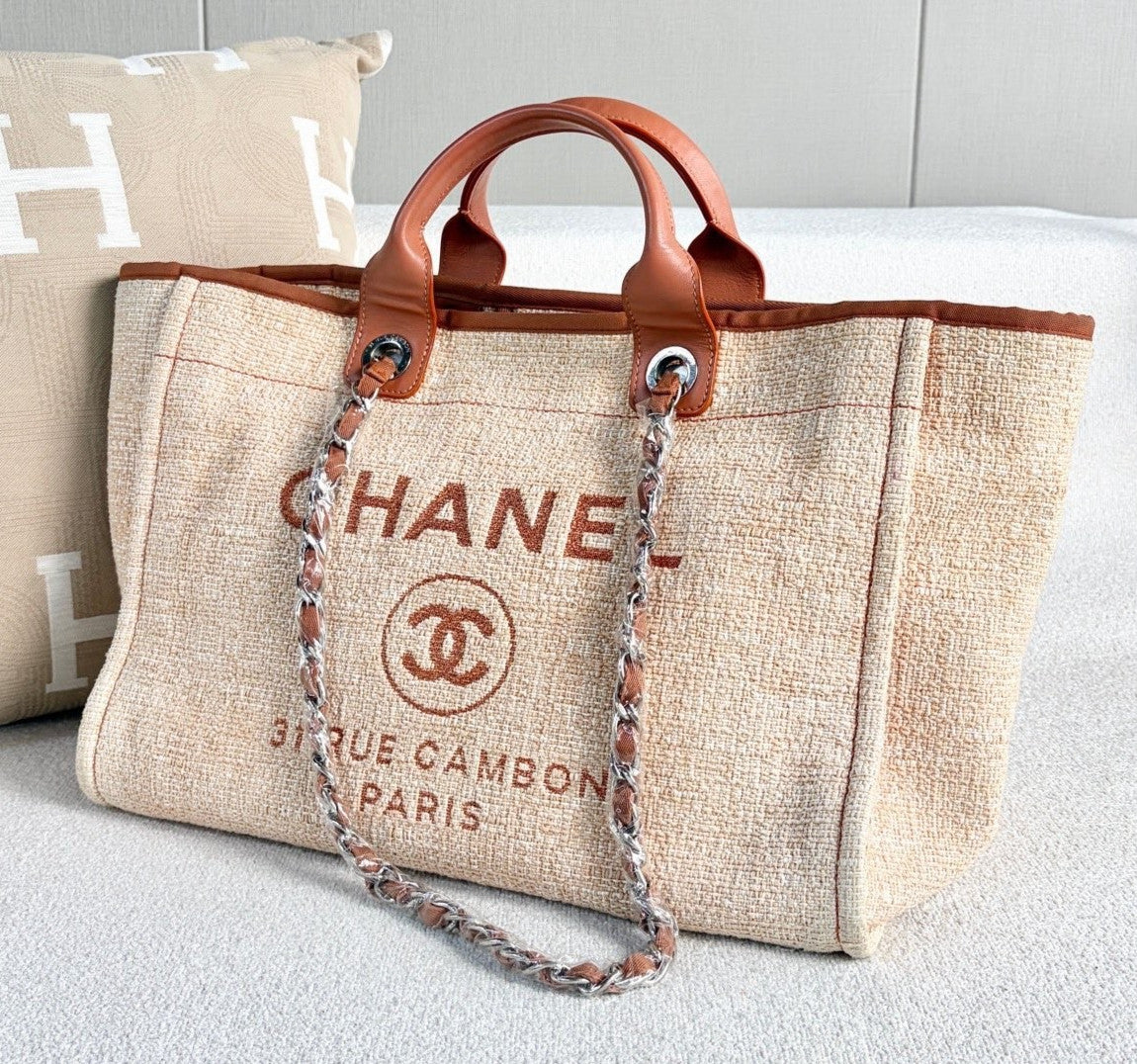 Chanel Canvas Beach Bag Top Handle Chain Shoulder Bag Orange Silver Women