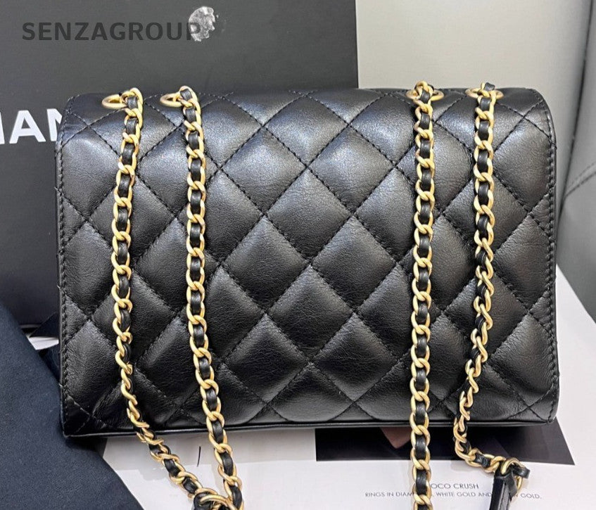 Chanel Calfskin PM Chain Shoulder Bag Black Gold Diamond Women Classic