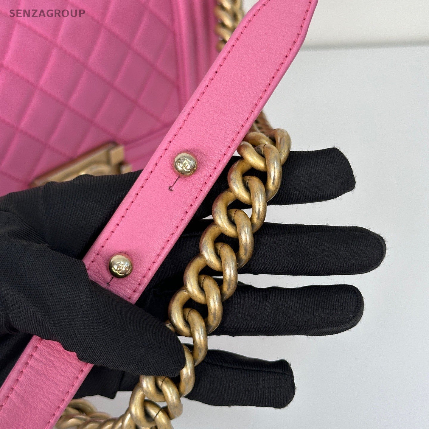 Chanel Leboy Chain Calfskin Shoulder Bag Pink Gold Diamond Women Classic