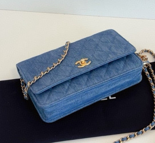 Chanel WOC Denim Chain Shoulder Bag Crossbody Blue Gold Women Classic Fashion