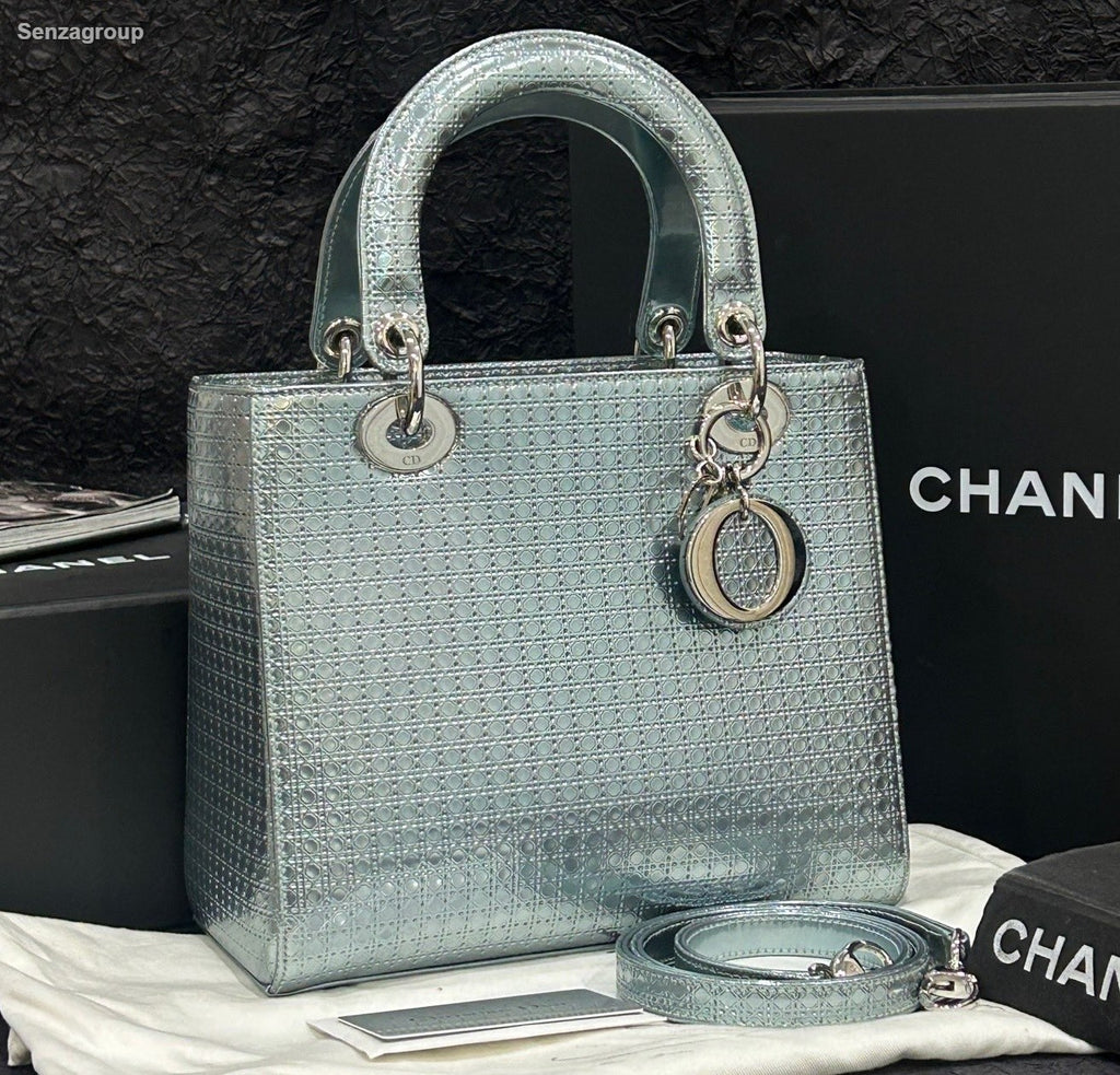 Christian Dior Lady Dior Top Handle Crossbody Blue Silver Women Classic Fashion