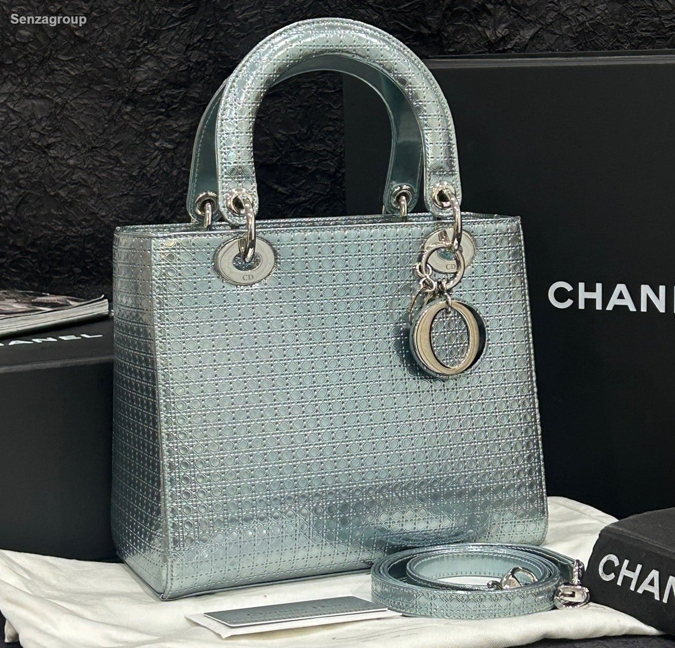 Christian Dior Lady Dior Top Handle Crossbody Blue Silver Women Classic Fashion