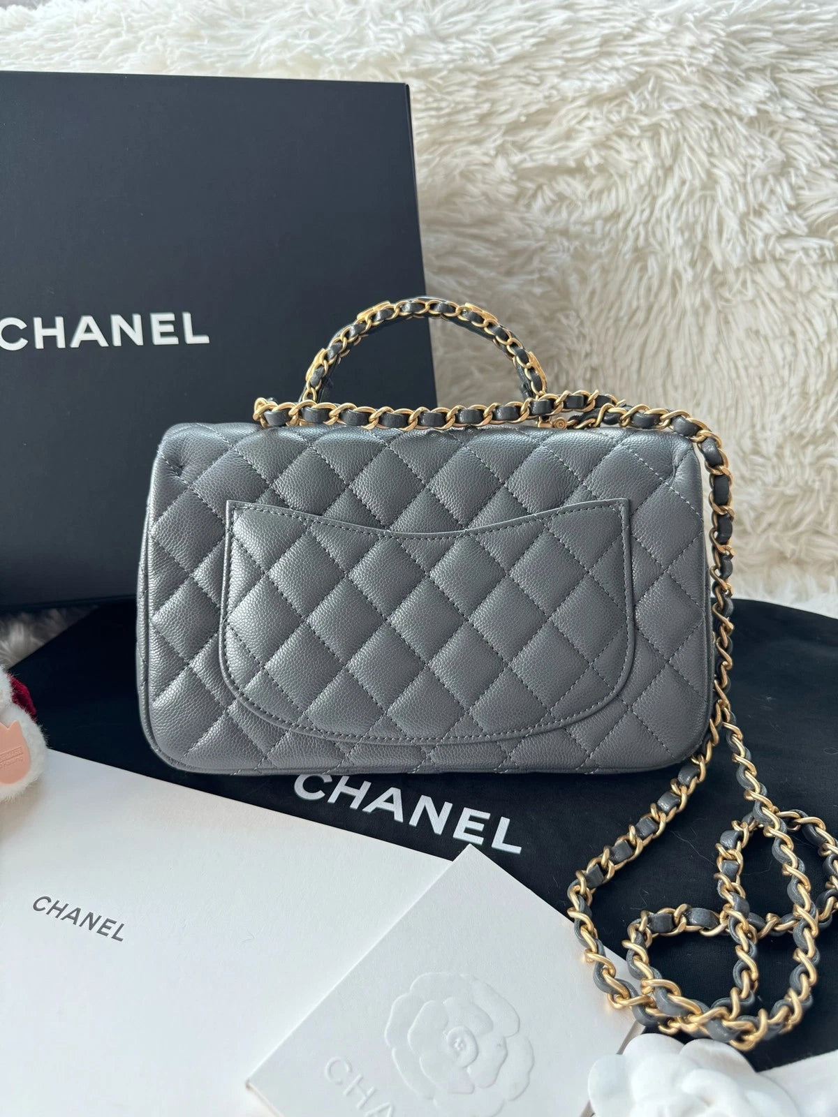 Chanel CF Handle Small Gray Leather Top Handle Handbag For Women