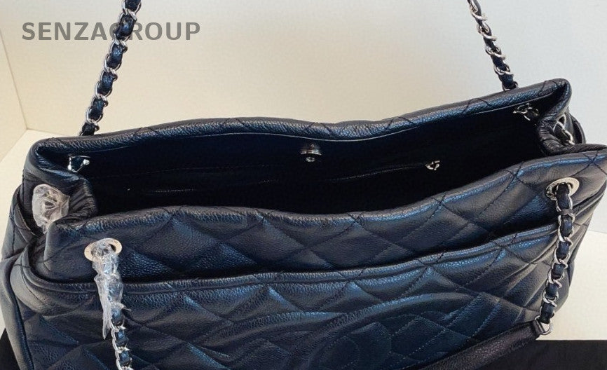 Chanel Calfskin Tote Chain Shoulder Bag Silver Black Women Classic Diamond