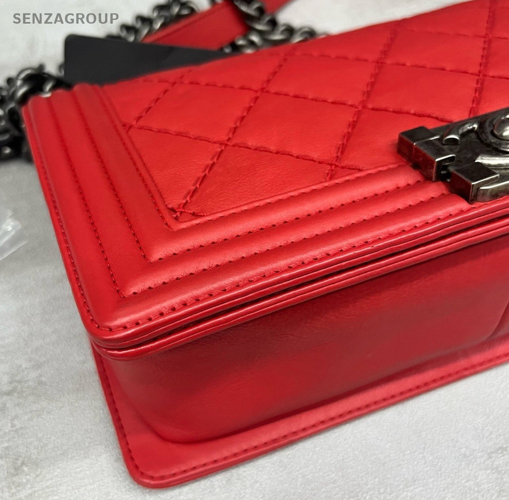 Chanel Leboy MM Calfskin Chain Shoulder Bag Red Silver Women Classic