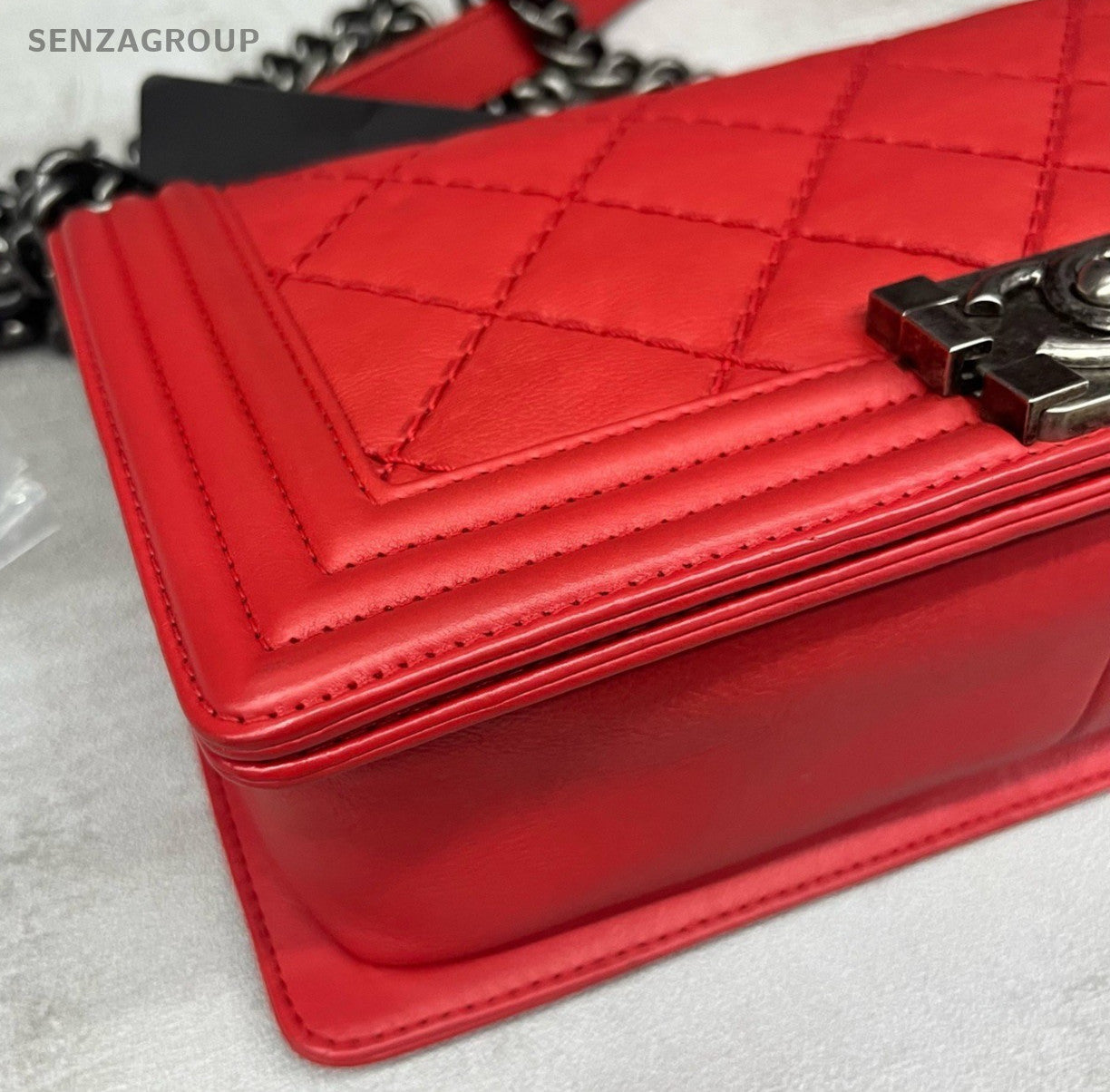 Chanel Leboy MM Calfskin Chain Shoulder Bag Red Silver Women Classic