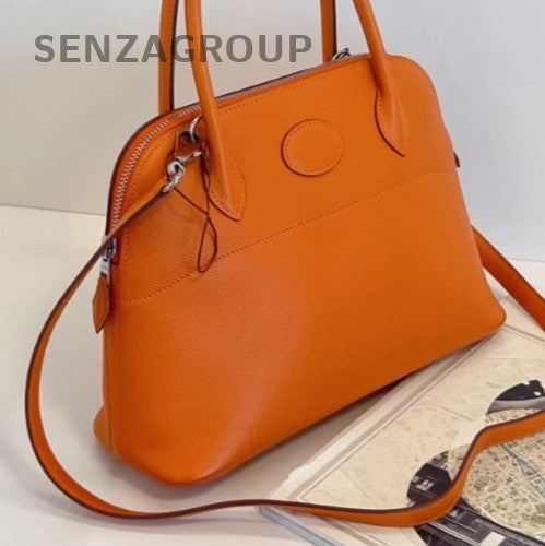 Hermes Bolide Epsom Leather Top Handle Bag Crossbody Orange Silver Women Classic