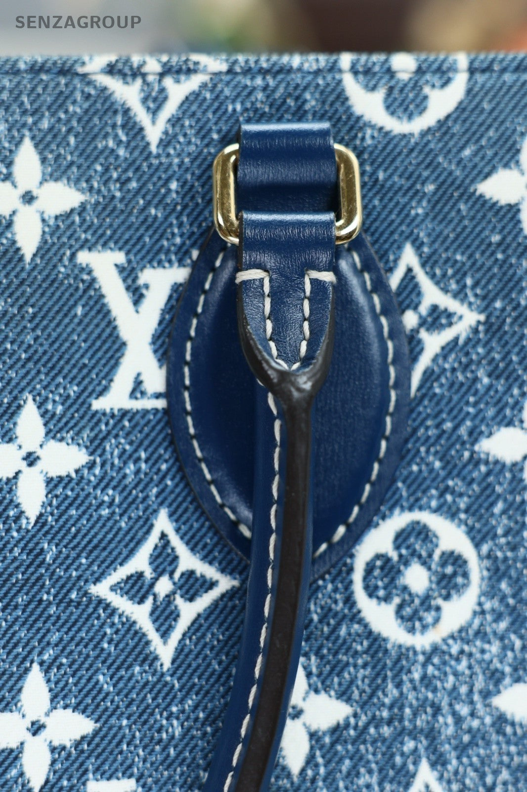Louis Vuitton Onthego MM Denim Canvas Top Handle Shoulder Bag Women Blue