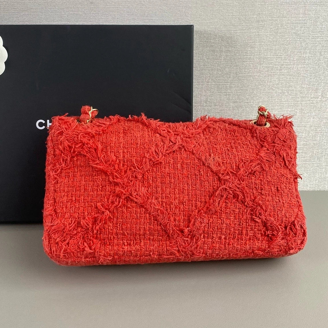 Chanel CC Logo Chain Shoulder Bag Red Gold Women Classic