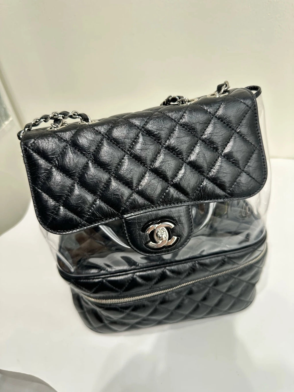 Authentic CHANEL Black Silver PVC Transparent Jelly Shoulder Bag For Women