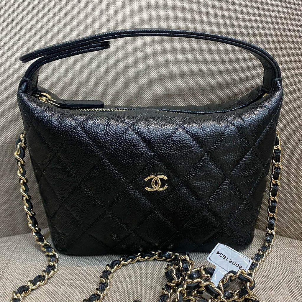 Chanel 25C Black Gold Quilted Chain Shoulder Bag Classic Women's Fashion