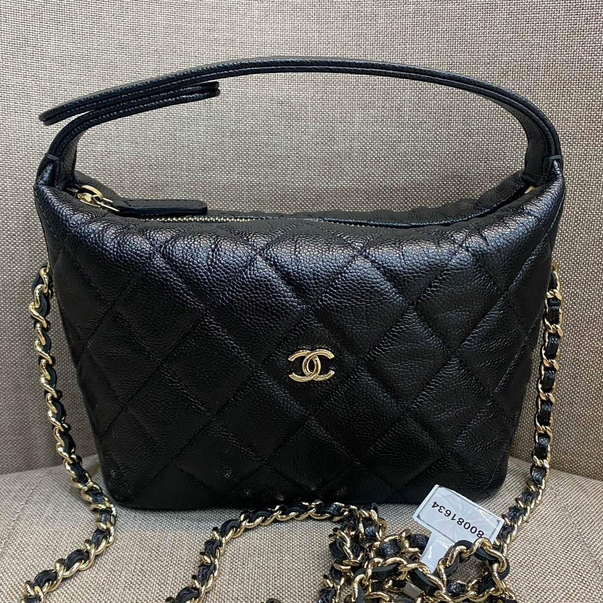 Chanel 25C Black Gold Quilted Chain Shoulder Bag Classic Women's Fashion